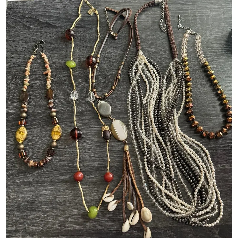 VTG Lot Of 5 Beaded Statement Necklaces‎ One Chicos One Owl Shells Brown Tones